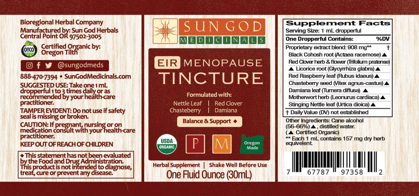 Organic Eir Moon tincture 1 oz dropper bottle, herbal extract for women's natural hormonal cycle support