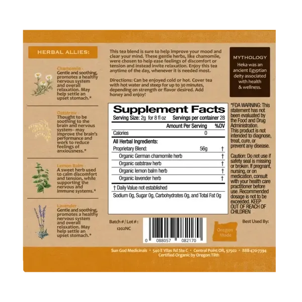 Organic Heka Serenitea 2 oz showing loose herb blend, calming botanical tea for stress relief
