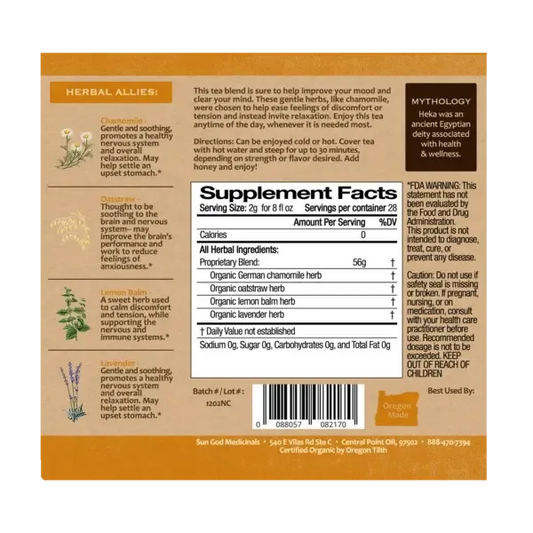 Organic Heka Serenitea 2 oz showing loose herb blend, calming botanical tea for stress relief