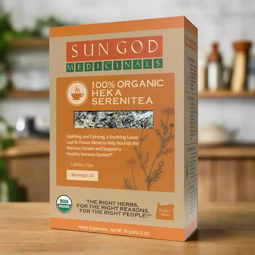 Organic Heka Serenitea 2 oz on sale, calming herbal tea blend for serenity and deep relaxation
