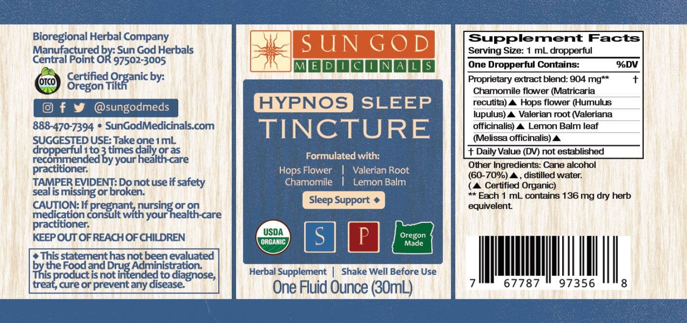 Organic Hypnos sleep tincture 1 oz dropper bottle, herbal extract for natural sleep support and relaxation