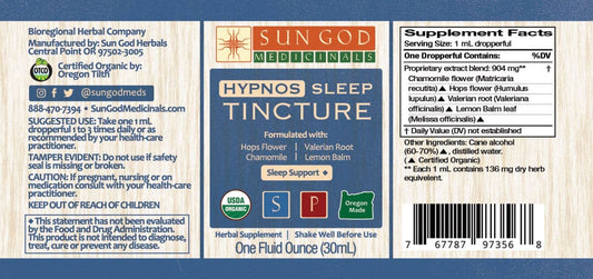 Organic Hypnos sleep tincture 1 oz dropper bottle, herbal extract for natural sleep support and relaxation