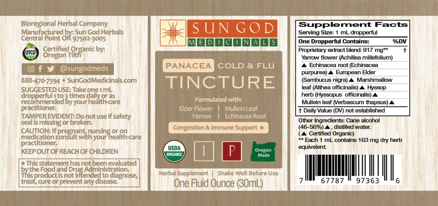 Organic Panacea herbal immune support tincture 1 oz dropper bottle, organic botanical extract for daily wellness support