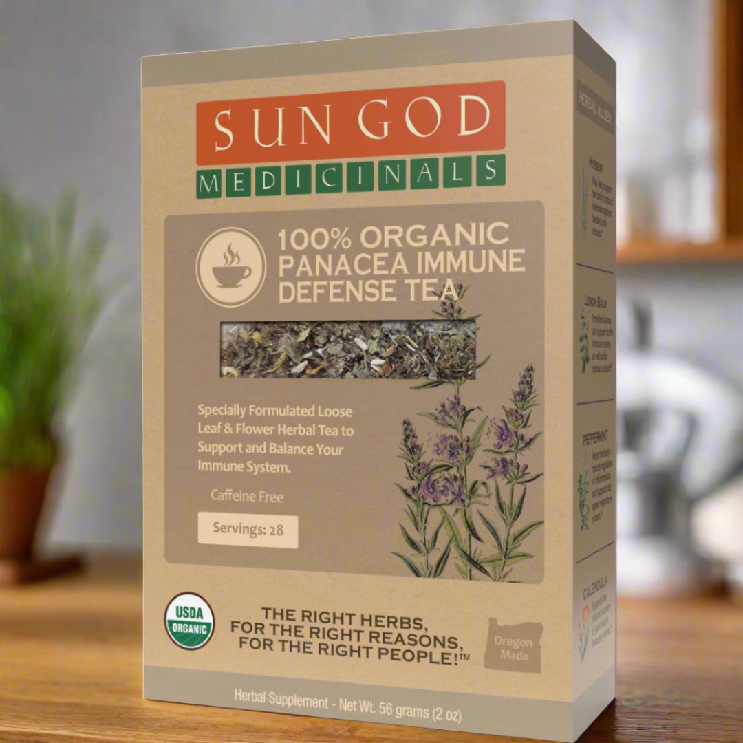 Organic Panacea immune defense herbal tea 2 oz on sale, daily immune-supporting botanical tea blend