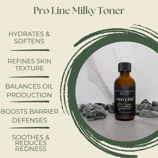 Pro-Line milky hydrating facial toner 2 oz bottle close-up, rose water and coconut oil toner for dry skin