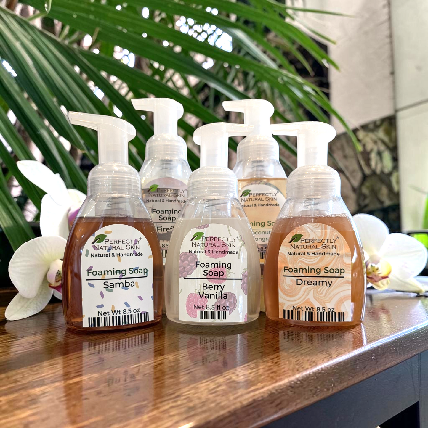 Organic coconut and olive oil liquid foaming soap 8.5 oz in use, natural plant-based foaming hand and body soap