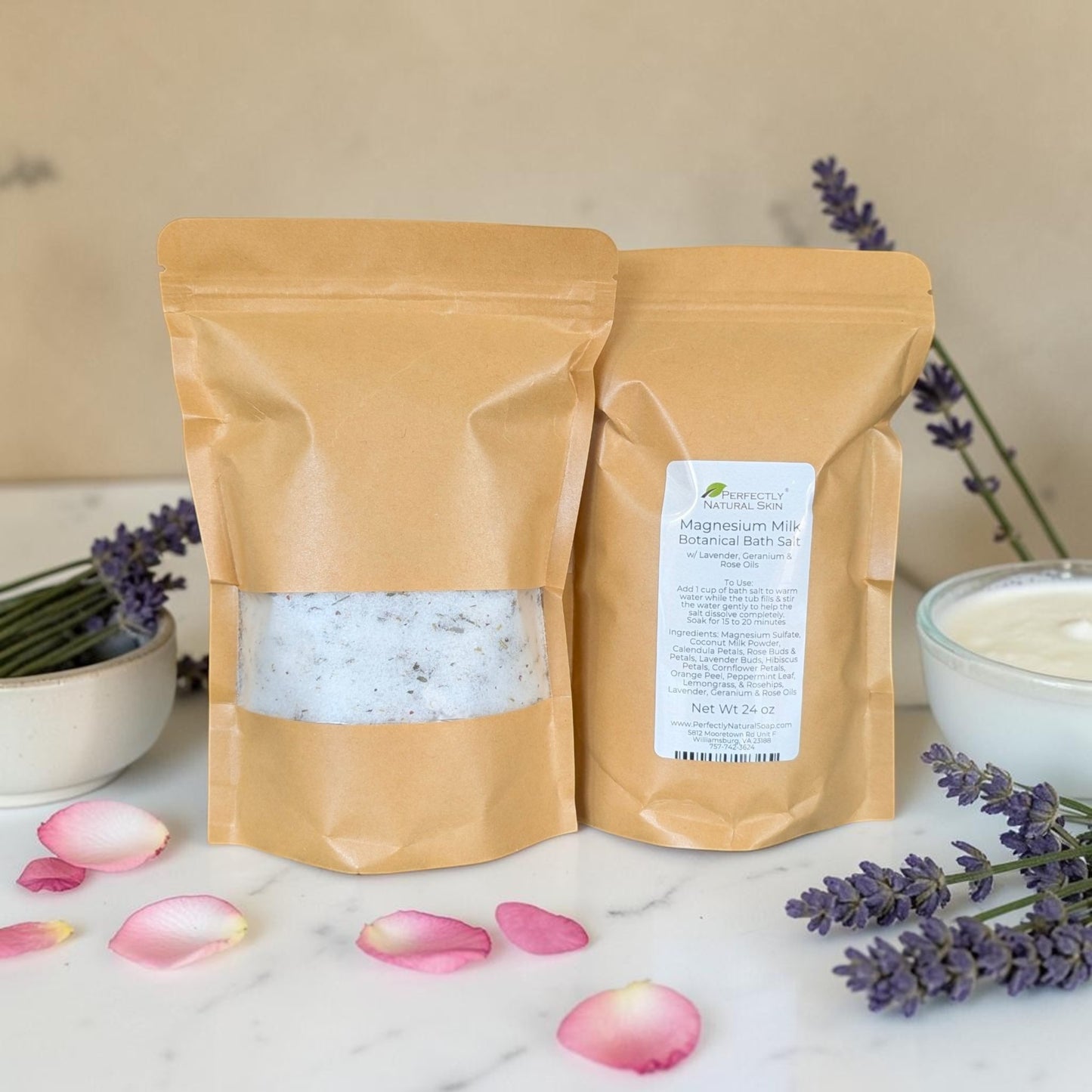 Magnesium Milk Botanical Bath Salts, 24 oz eco-friendly pouch, by Perfectly Natural Soap