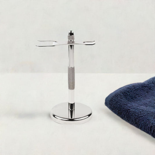 Parker chrome 2-prong shave stand, stainless steel holder for safety razor and shave brush