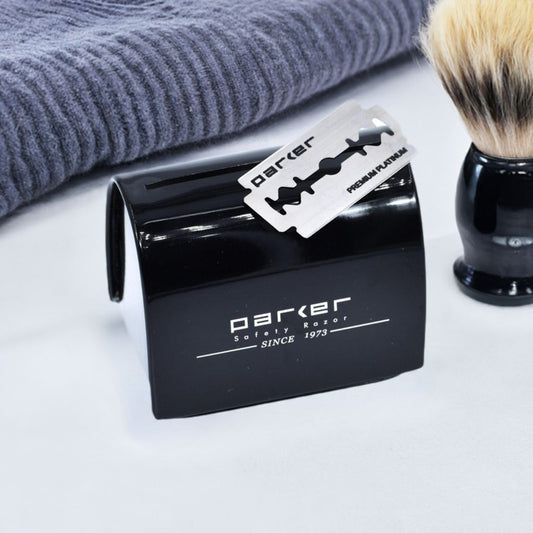 Parker double edge blade bank, secure metal container for safely disposing of used safety razor blades