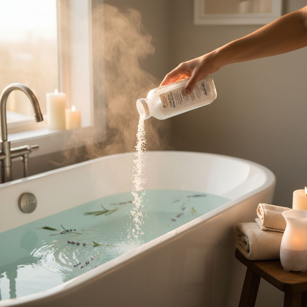 Luxe bath mineral salts 20 oz showing fine mineral texture and color, natural salts for therapeutic baths
