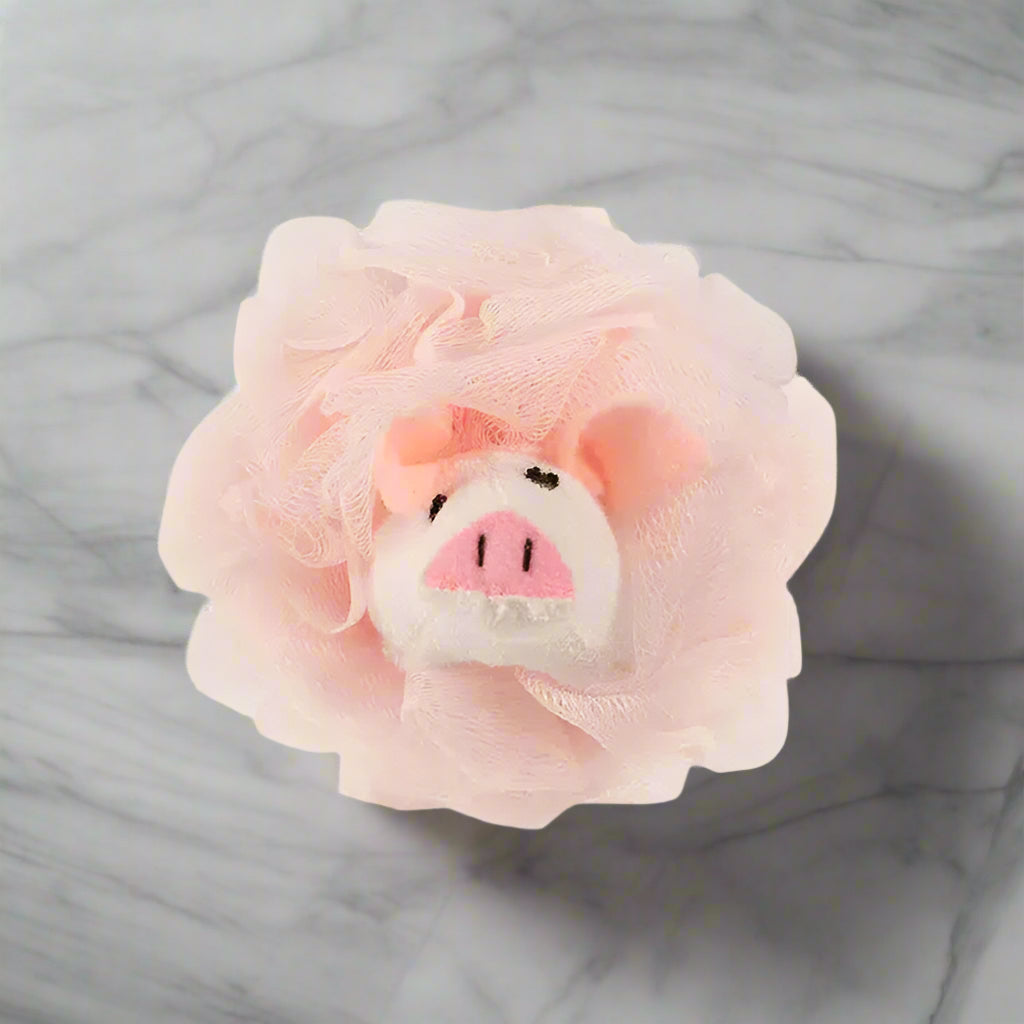 Piggy Super Scrubbie bath pouf with textured netting, sturdy exfoliating bath sponge with extra-grip netting