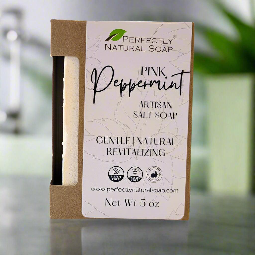 Pink Peppermint Himalayan salt soap bar close-up showing pink mineral salt texture, natural handmade salt bar