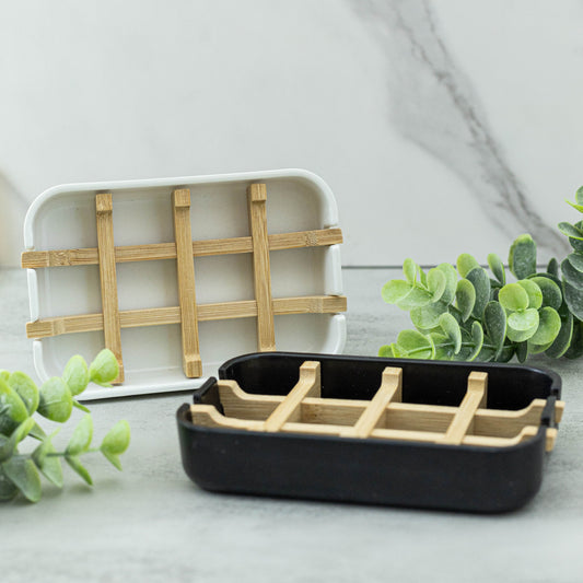 Plant fiber soap dish with bamboo insert in black, eco-friendly sustainable soap dish for bar soap
