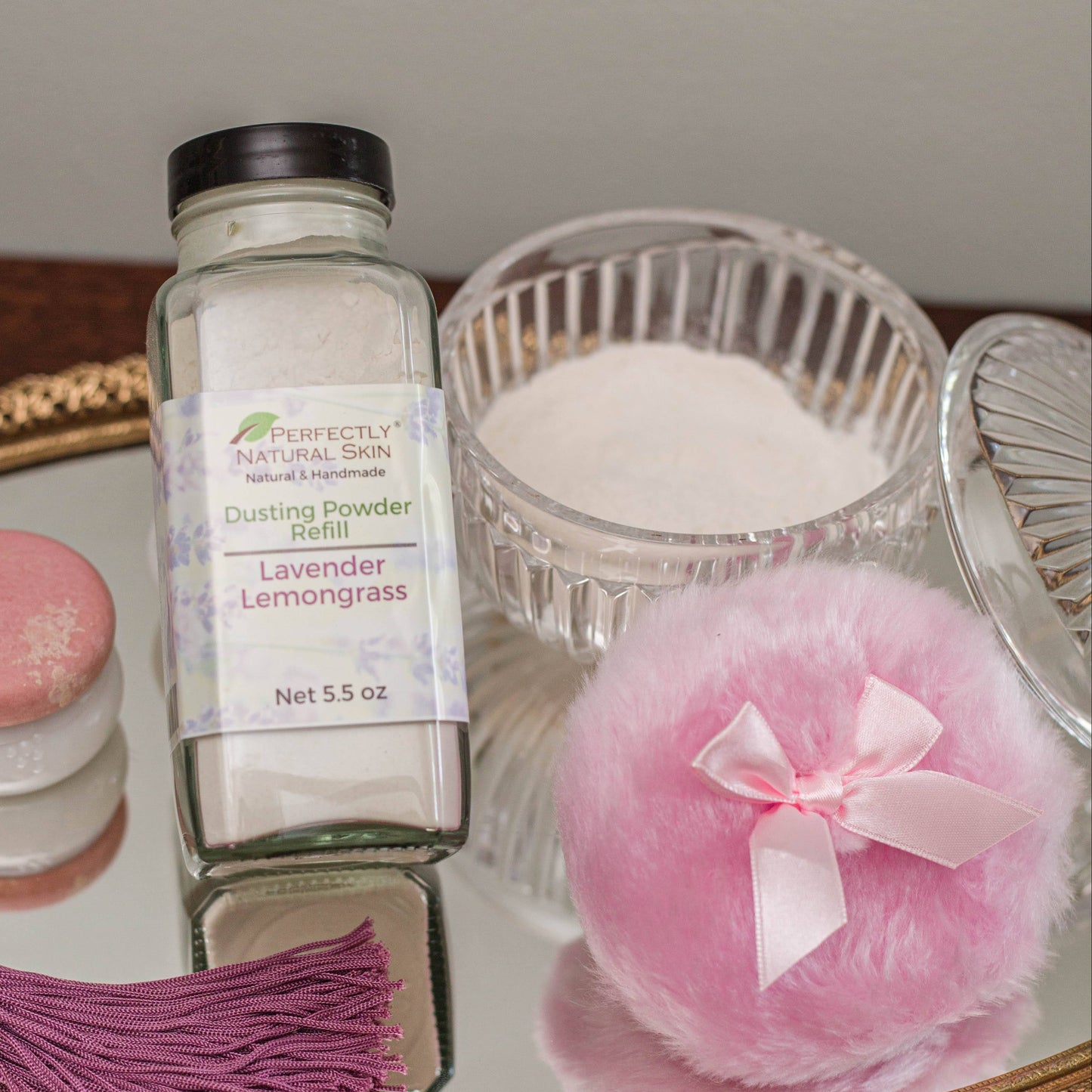 Powder Perfection talc-free body powder gift set Calm Lavender Vanilla scent, glass jar and fluffy puff included