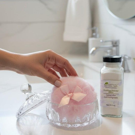 Powder Perfection talc-free body powder gift set with glass jar and powder puff, natural body powder bundle