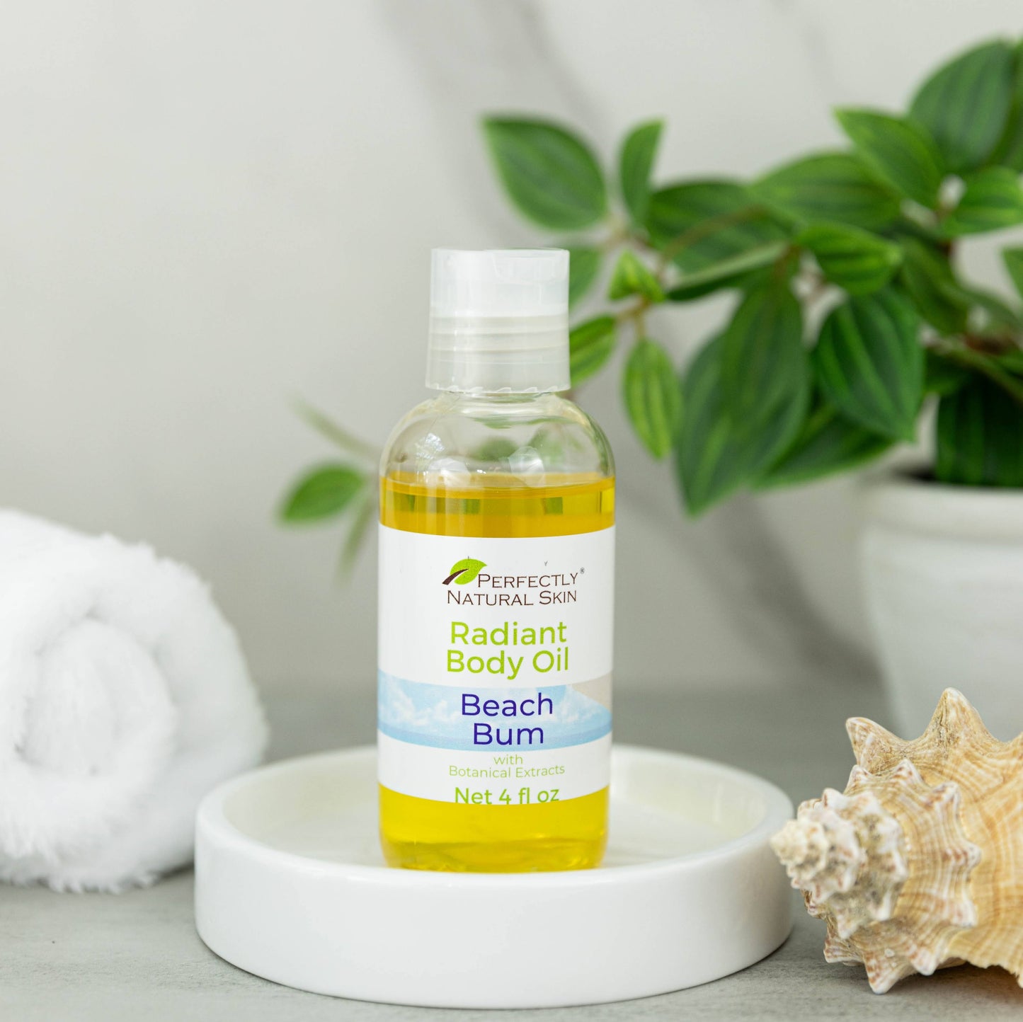 Radiant body oil 4 oz Beach Bum scent, tropical coastal silky moisturizing body oil for glowing skin