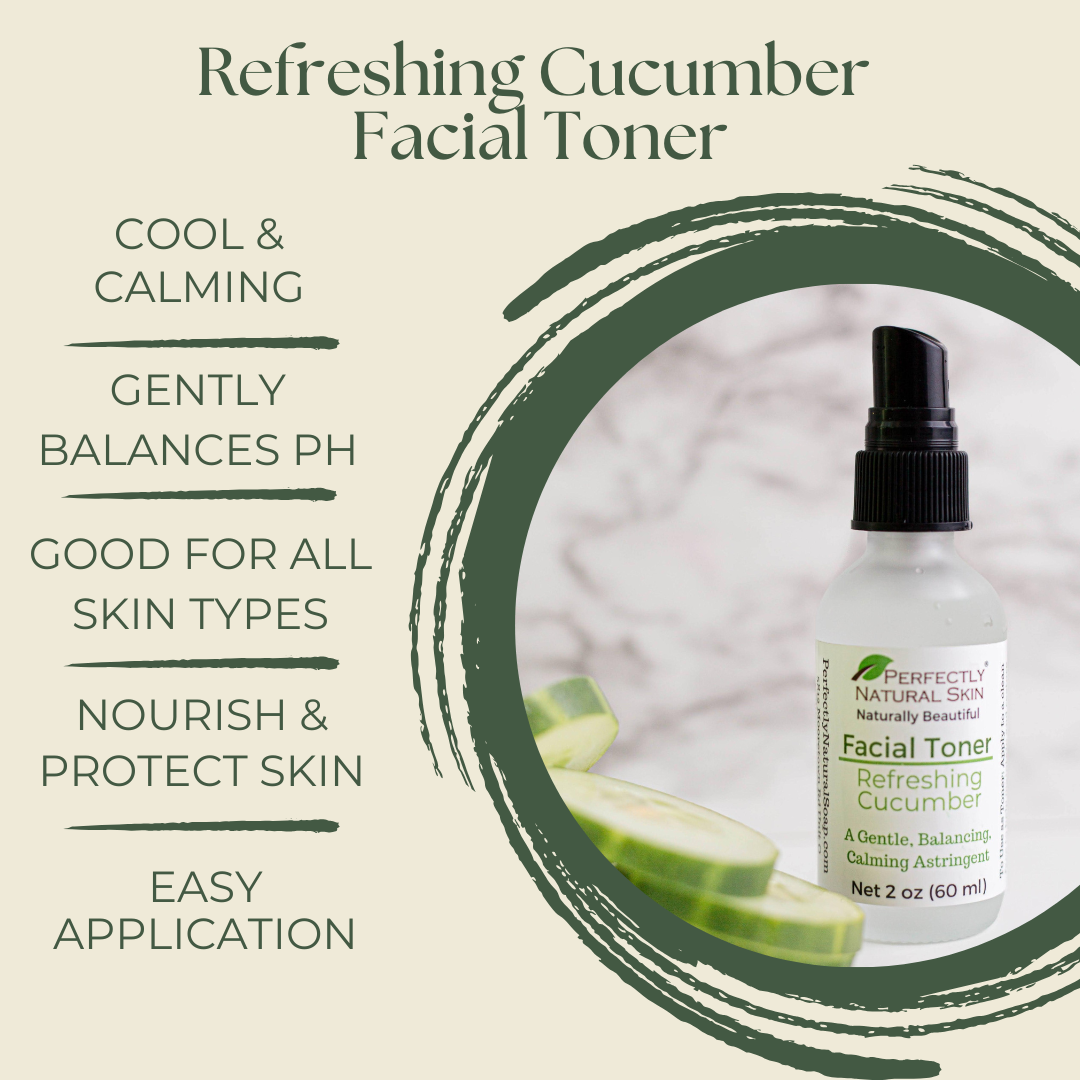 Refreshing cucumber facial toner 2 oz bottle close-up, natural cooling cucumber toner for all skin types