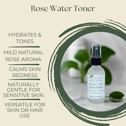 Rose water toner 2 oz bottle close-up, gentle hydrating natural toner for balanced skin