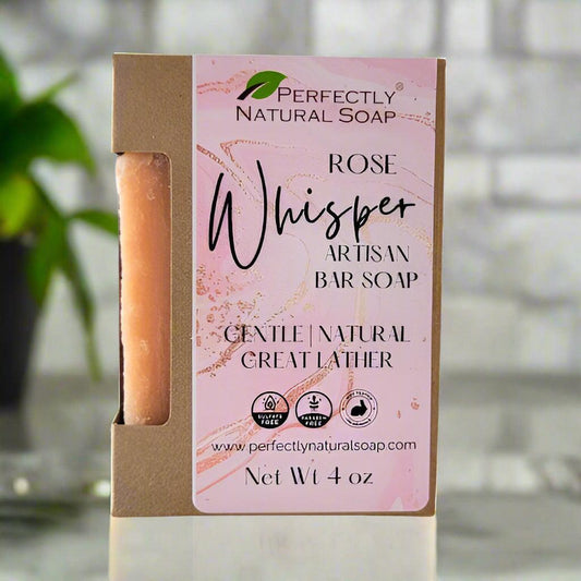 Rose Whisper natural soap bar close-up showing soft pink hue, floral handmade bar soap 4 oz