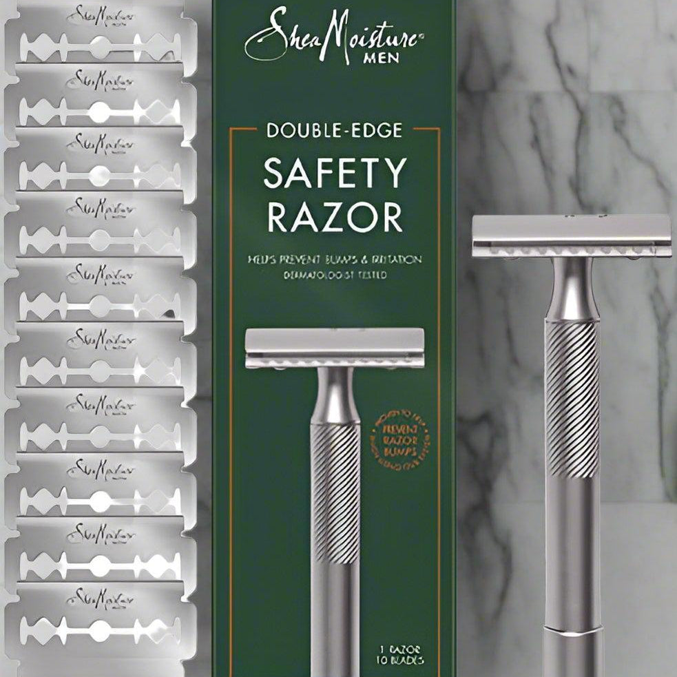 Shea Moisture safety razor with 10 blades on sale, classic safety razor with blade starter pack