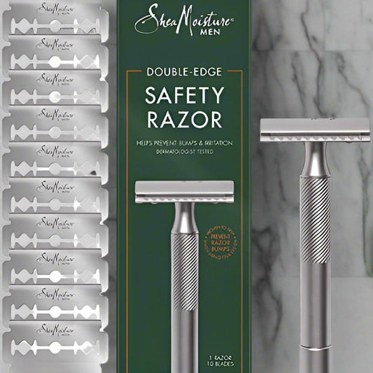 Shea Moisture safety razor with 10 blades on sale, classic safety razor with blade starter pack