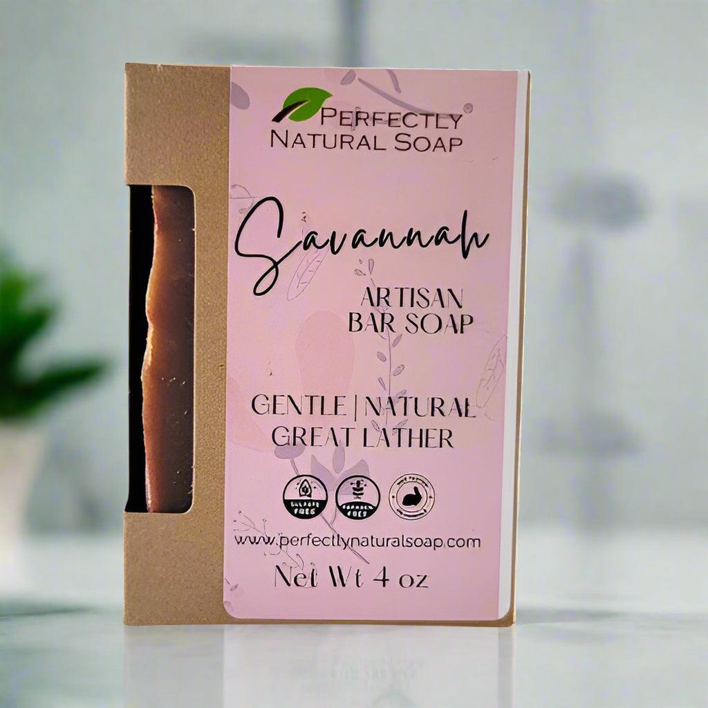 Savannah bar natural soap bar close-up, handmade Southern-inspired bar soap with rich creamy lather