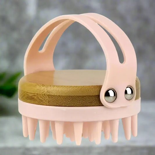 Shampoo and scalp brush with bamboo base in pink, silicone scalp massager for better shampoo penetration