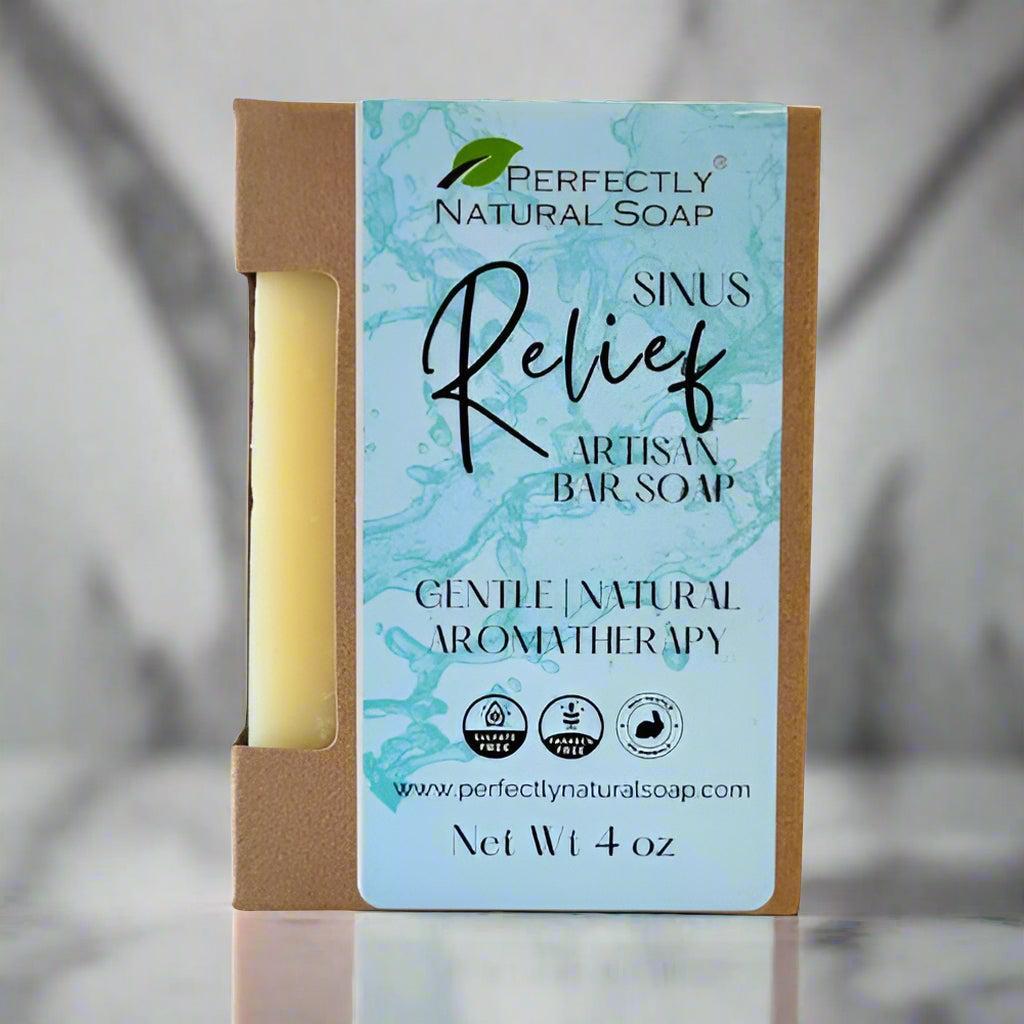 Sinus Relief natural soap bar close-up showing creamy lather, handmade soap with decongestant essential oils