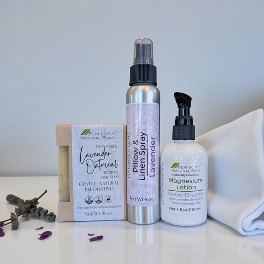 Sleep Well bundle with lavender soap, pillow spray and magnesium lotion, natural sleep support gift set