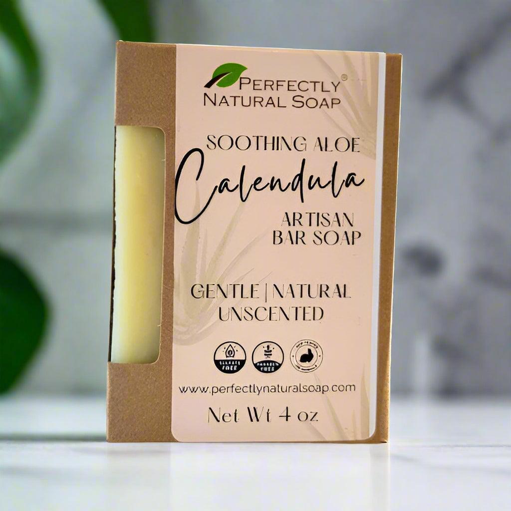 Soothing aloe calendula natural soap bar close-up, gentle moisturizing handmade soap 4 oz