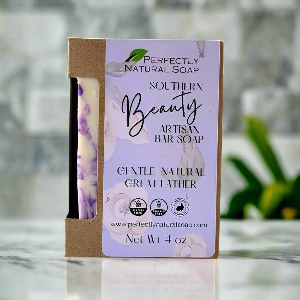 Southern Beauty natural soap bar close-up, elegant magnolia floral handmade bar soap 4 oz