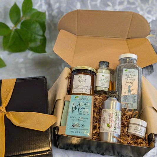 Spa Night natural gift box opened showing contents, curated self-care set with natural bath and body products