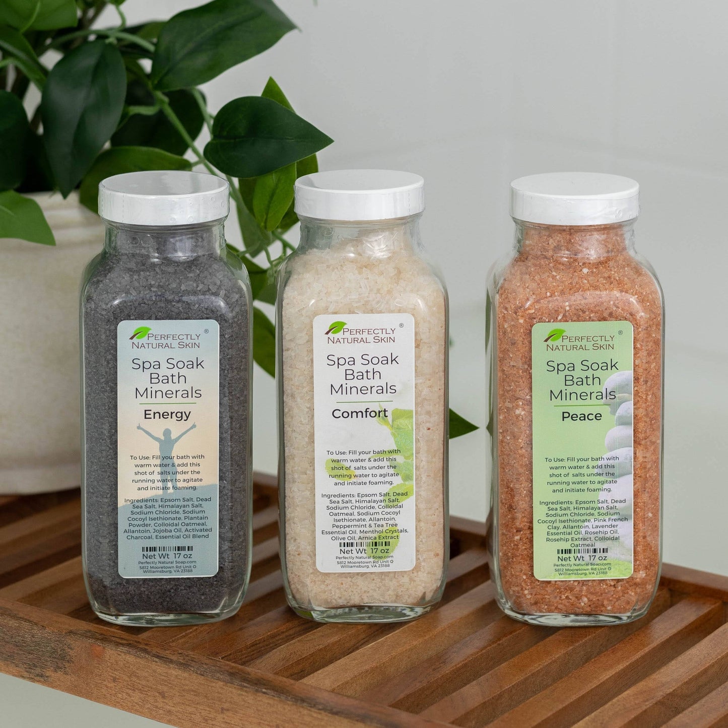 Spa Soak foaming mineral bath salts 17 oz Comfort blend in glass jar, luxurious spa-quality mineral soak