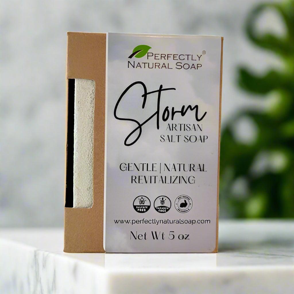 Storm natural salt soap bar close-up showing exfoliating sea salt texture, 5 oz handmade salt bar