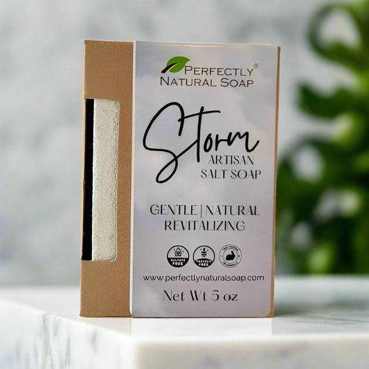 Storm natural salt soap bar close-up showing exfoliating sea salt texture, 5 oz handmade salt bar