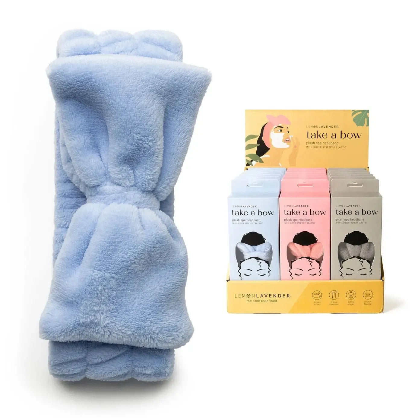 Take A Bow ultra plush spa headband in blue, soft bow headband for keeping hair back during skincare