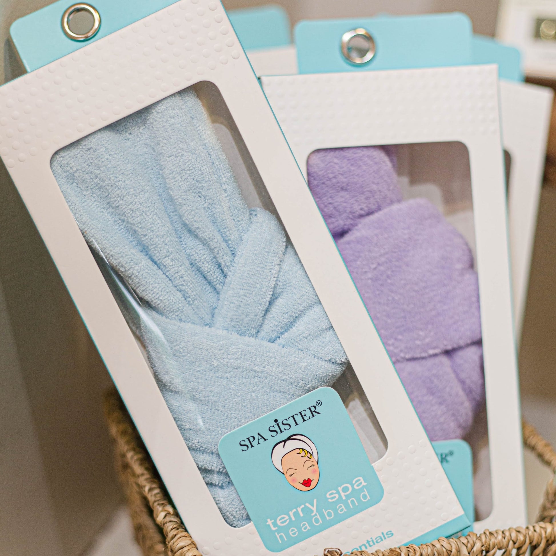 Terry spa headband in blue on sale, absorbent terry cloth headband for skincare and facial treatments
