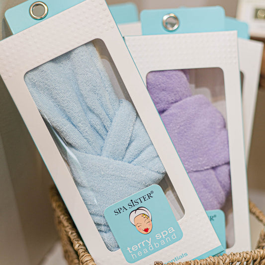 Terry spa headband in blue on sale, absorbent terry cloth headband for skincare and facial treatments