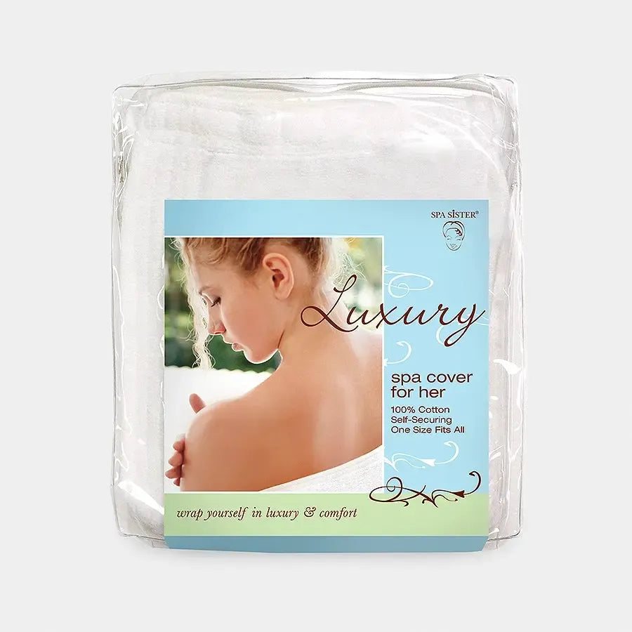 Terry spa wrap in white in use, soft terry cloth wrap for comfortable post-bath and spa coverage