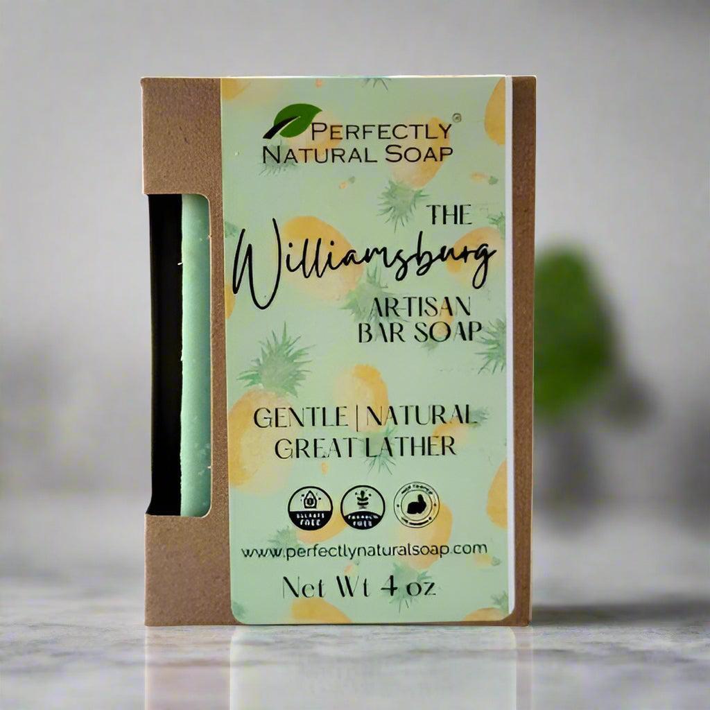 The Williamsburg natural soap bar close-up, rich complex handmade artisan bar soap with refined lather