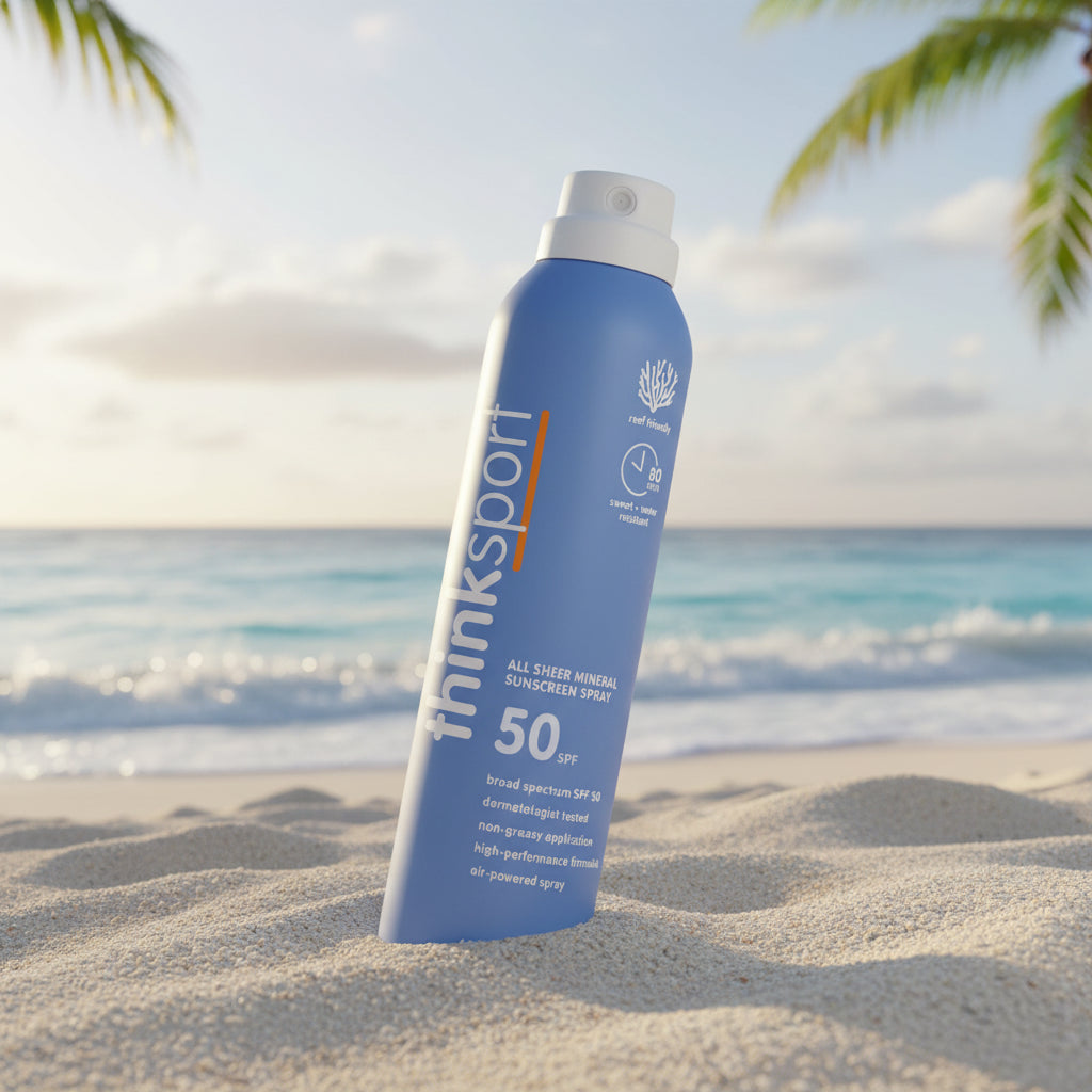 Thinksport SPF 50 all sheer mineral sunscreen spray 6 oz, clear zinc oxide spray for full-body sun protection