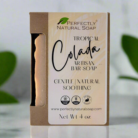Tropical Colada natural soap bar close-up, seasonal coconut and tropical fruit handmade bar soap 4 oz