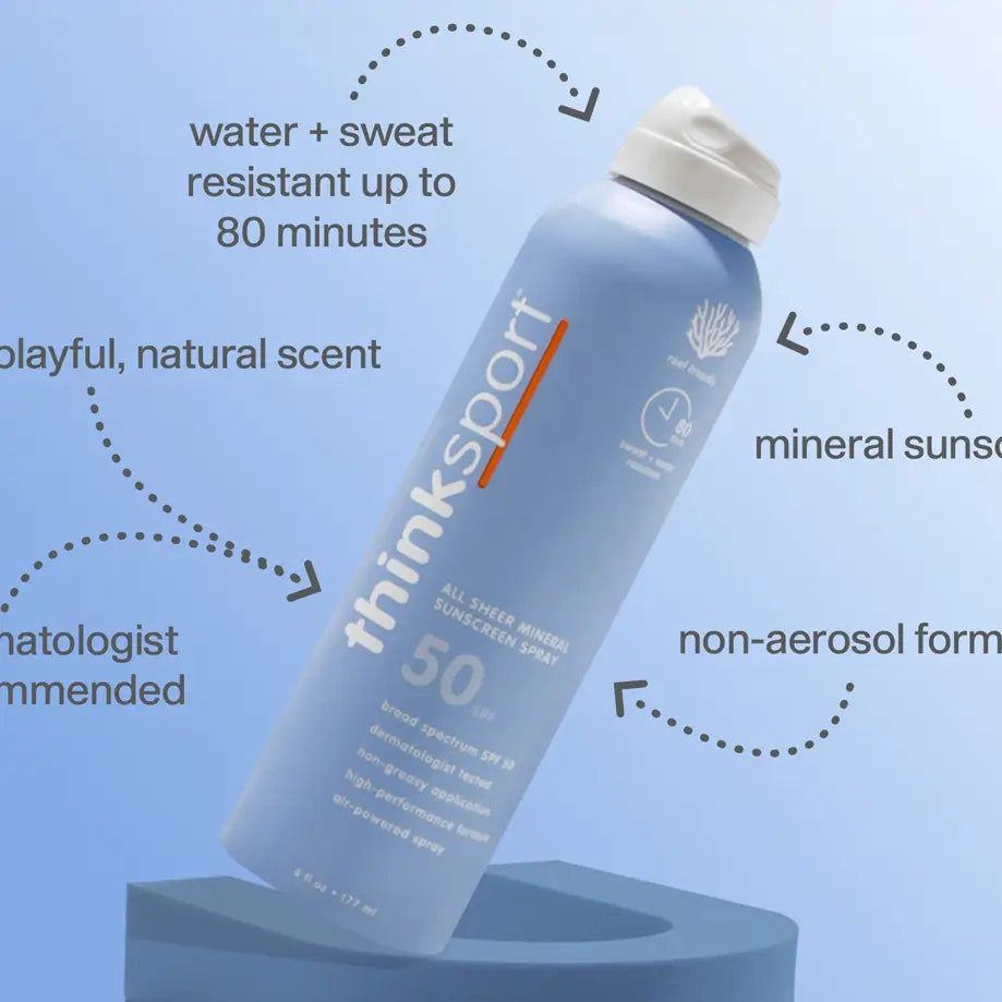 Thinksport SPF 50 mineral sunscreen spray 6 oz bottle, reef-safe zinc sunscreen for face and body