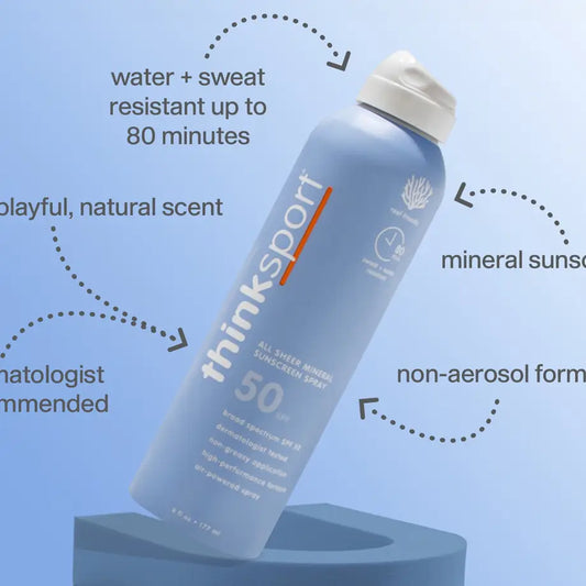 Thinksport SPF 50 mineral sunscreen spray 6 oz bottle, reef-safe zinc sunscreen for face and body