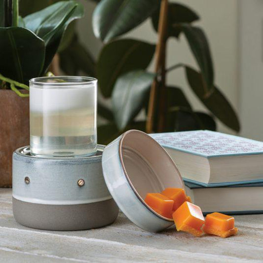 2-in-1 wax tart and candle warmer in glazed concrete style, compatible with jar candles and wax melts