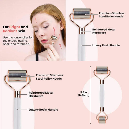 Stainless steel cryotherapy roller in use, cold therapy facial roller for reducing puffiness and redness